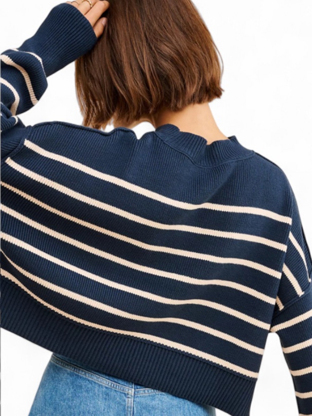 Free People Easy Street Navy and Cream Stripe Crop Pullover Sweater Size L - Picture 3 of 6
